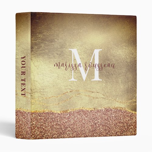 Monogram Gold Foil Rose Gold Glitter Script 3 Ring Binder