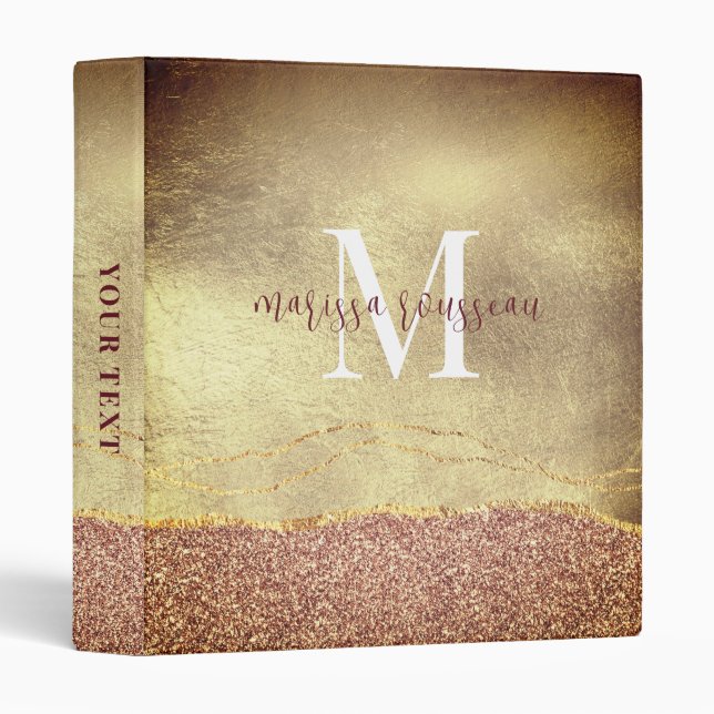 Monogram Gold Foil Rose Gold Glitter Script 3 Ring Binder (Front/Spine)