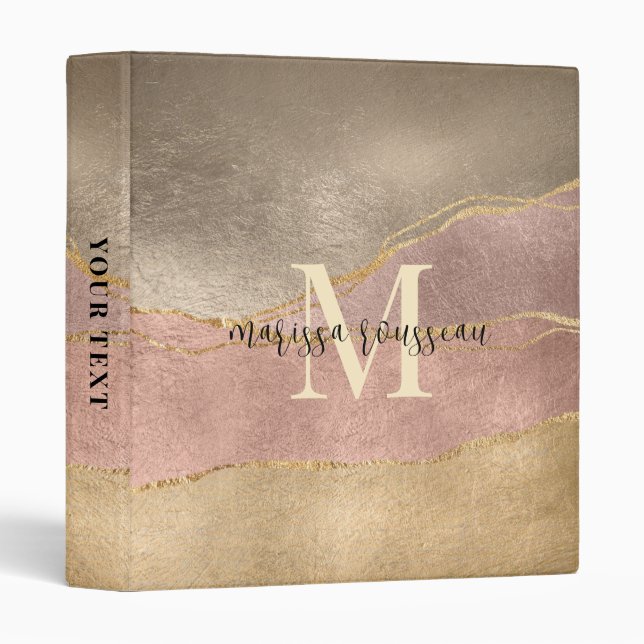 Monogram Gold Foil Rose Gold Glitter Script 3 Ring Binder (Front/Spine)
