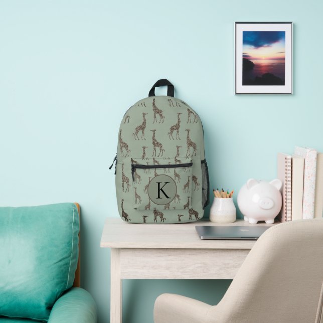 Monogram Gold Giraffe On Sage Printed Backpack (Insitu)