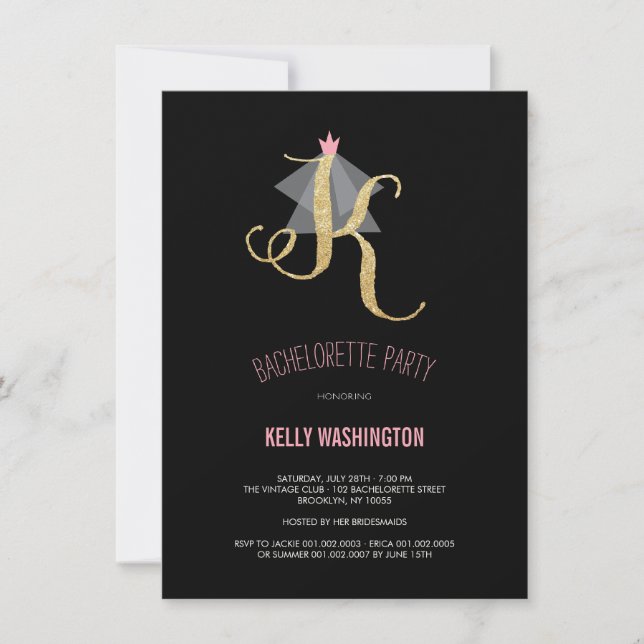 Monogram Gold Glitter Bachelorette Party Invite (Front)