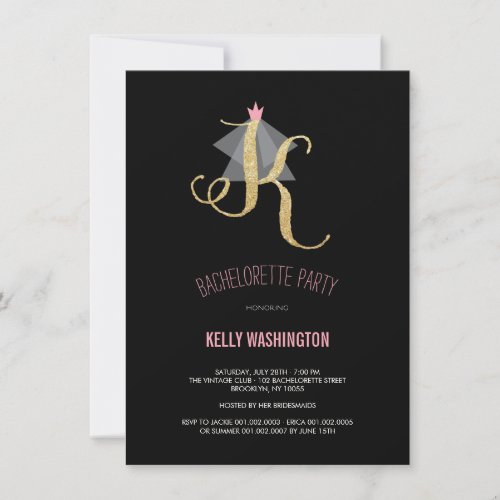 Monogram Gold Glitter Bachelorette Party Invite