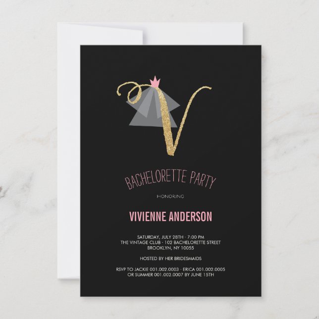 Monogram Gold Glitter Bachelorette Party Invite (Front)