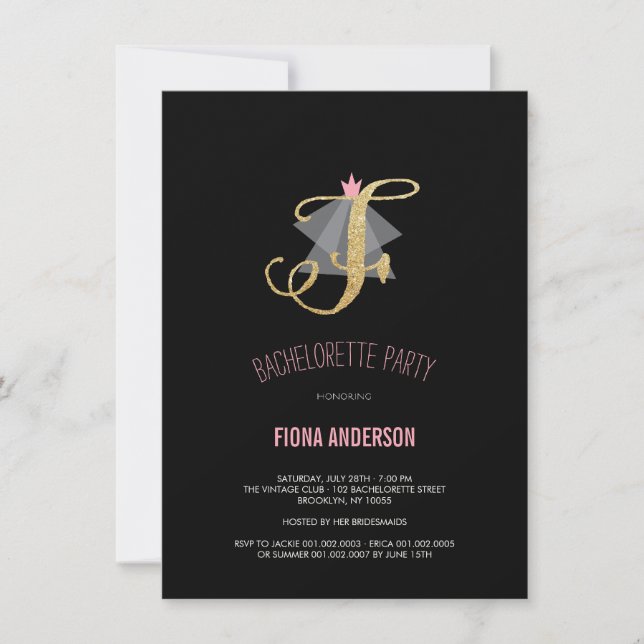 Monogram Gold Glitter Bachelorette Party Invite (Front)