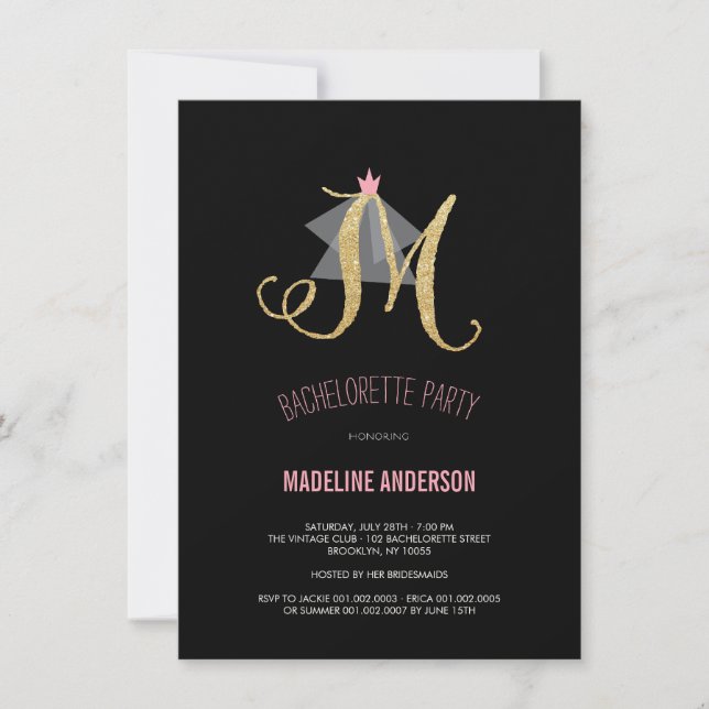 Monogram Gold Glitter Bachelorette Party Invite (Front)