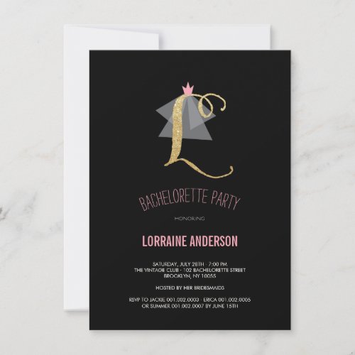 Monogram Gold Glitter Bachelorette Party Invite