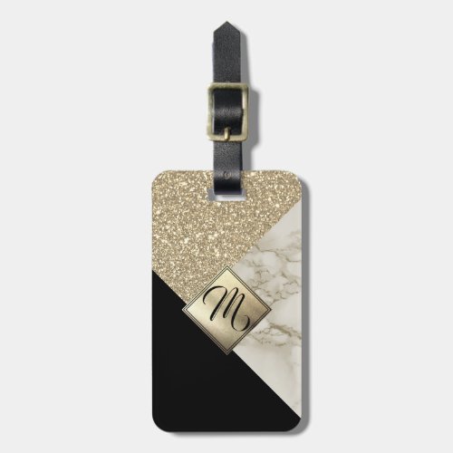 Monogram Gold Glitter Black and Marble Luggage Tag