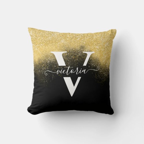 Monogram Gold Glitter Black Trendy Girly Custom Throw Pillow