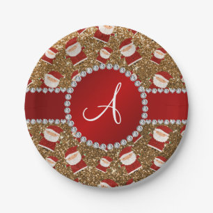 Monogram gold glitter christmas santa claus paper plates