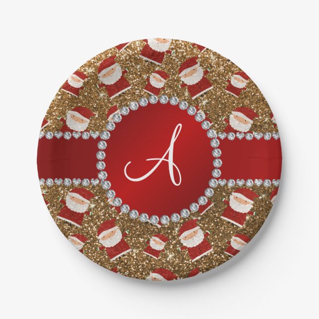 Monogram gold glitter christmas santa claus paper plates (Front)