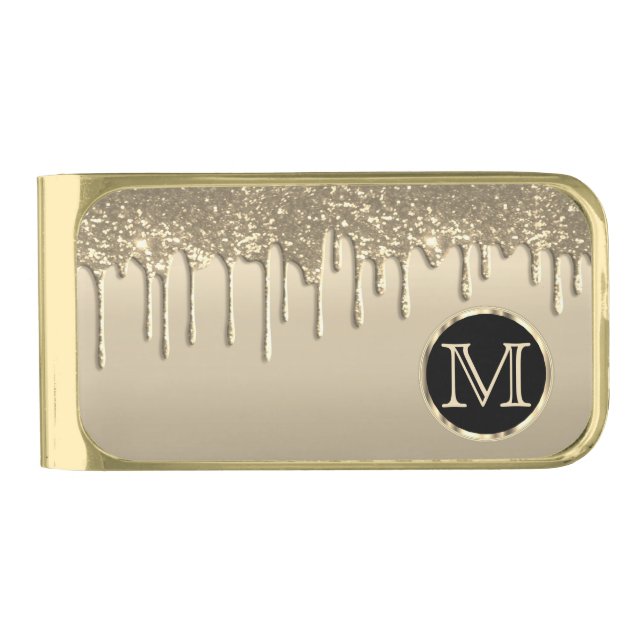 Monogram Gold Glitter Drip Finish Money Clip (Front)