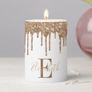 Monogram Gold Glitter Drip White Pillar Candle