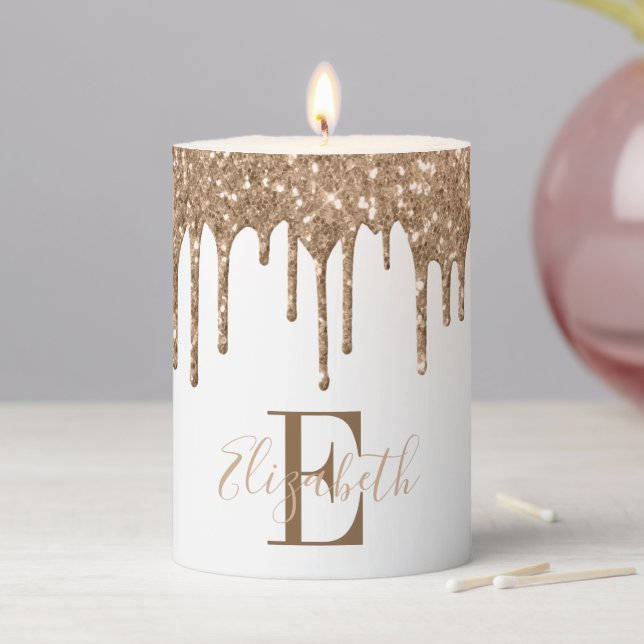 Monogram Gold Glitter Drip White Pillar Candle (In Situ)