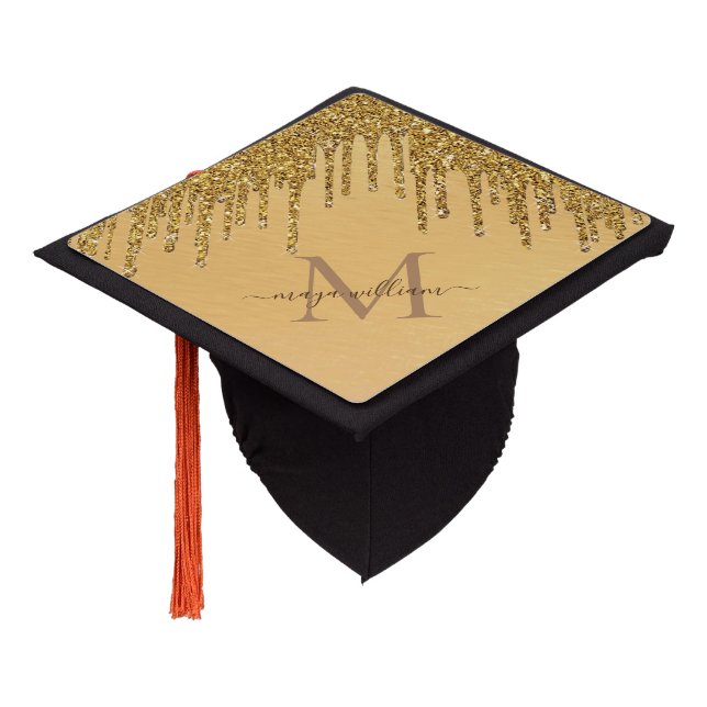 Monogram Gold Glitter Drips Brushed Metallic Graduation Cap Topper (Angled)