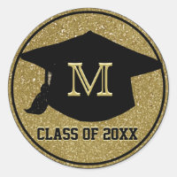 Monogram Gold Glitter Graduation Classic Round Sticker