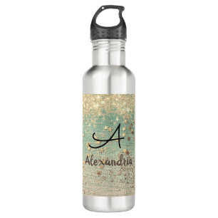 Monogram Gold Glitter on Sea Green   Stainless Steel Water Bottle