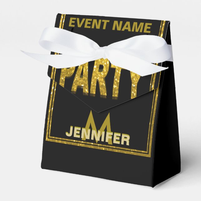 Monogram | Gold Glitter Party Favor Boxes (Front Side)