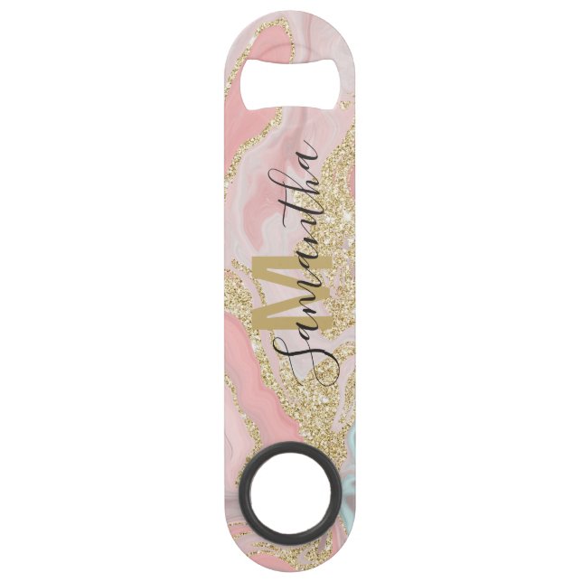Monogram gold glitter pink marble pattern bar key (Front)