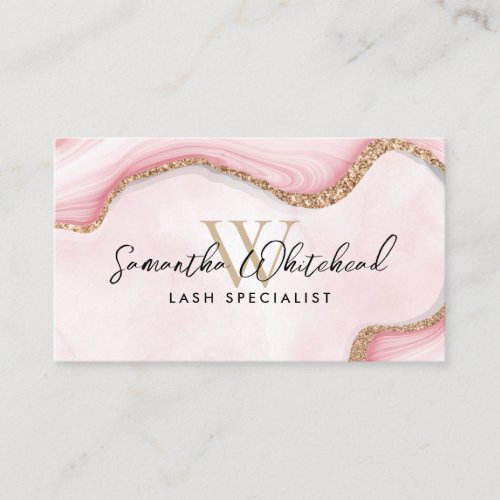 Monogram Gold Glitter Pink Marble Swirl Watercolor Business Card