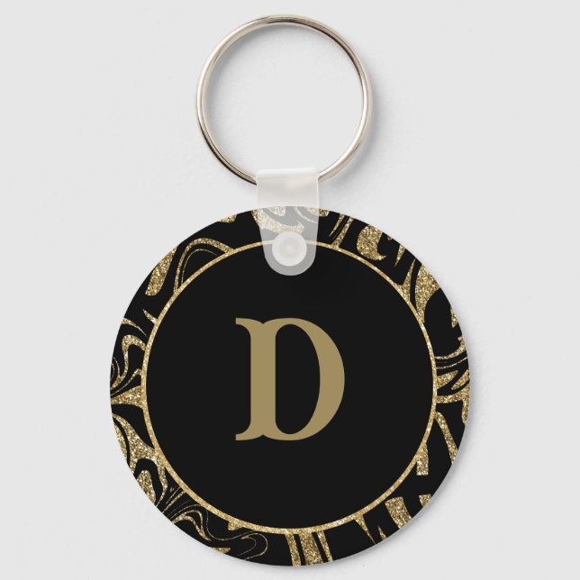 monogram Gold Glitter Sparkle &black stylish  Keychain (Front)