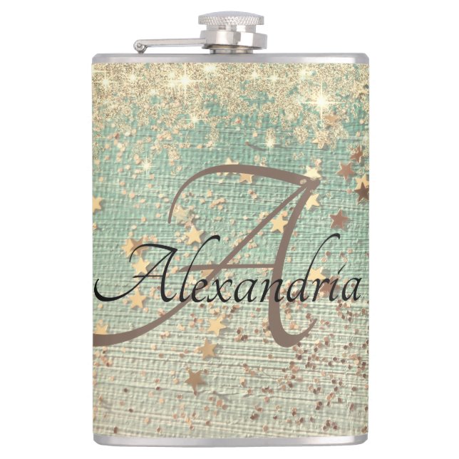 Monogram Gold Glitter Stars on Green  Burlap Flask (Front)