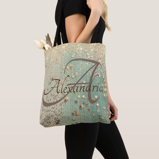 Monogram Gold Glitter Stars on Green Burlap  Tote Bag (Close Up)
