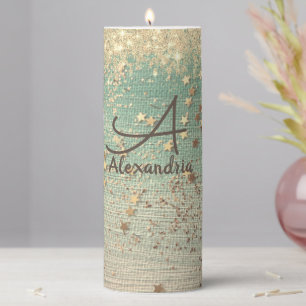 Monogram Gold Glitter Stars on Sea Green    Pillar Candle