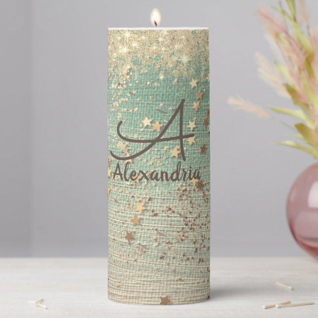 Monogram Gold Glitter Stars on Sea Green    Pillar Candle (In Situ)