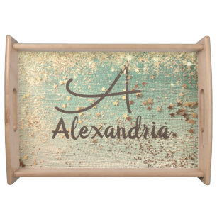 Monogram Gold Glitter Stars on Sea Green      Serving Tray