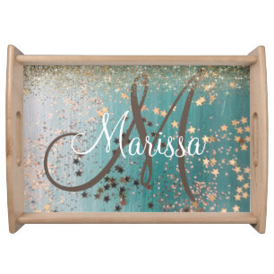 Monogram Gold Glitter Stars on Teal     Serving Tray