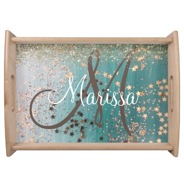 Monogram Gold Glitter Stars on Teal     Serving Tray (Front)