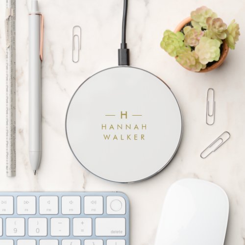 Monogram Gold Gray  Minimalist Elegant Modern Wireless Charger