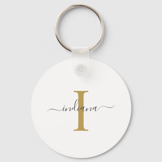 Monogram Gold Gray Script Name Modern Keychain (Front)