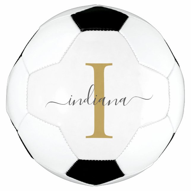 Monogram Gold Gray Script Name Modern Soccer Ball (Front)