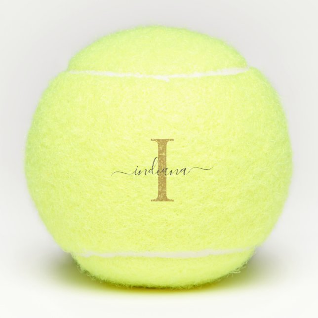 Monogram Gold Gray Script Name Modern Tennis Balls (Front)