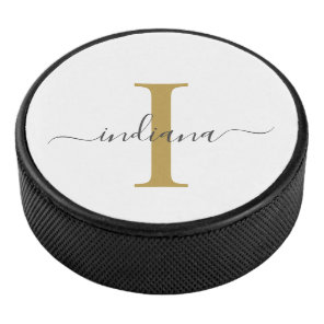 Monogram Gold Gray Script Name Modern Typography Hockey Puck