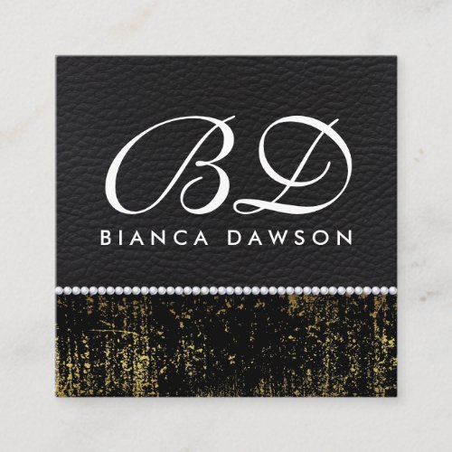 Monogram Gold Grunge Leather Pearls Square Business Card