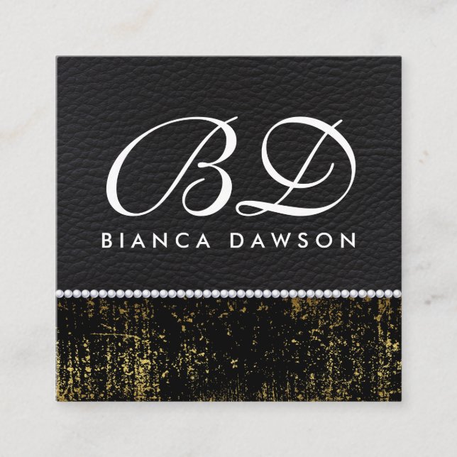 Monogram Gold Grunge Leather Pearls Square Business Card (Front)
