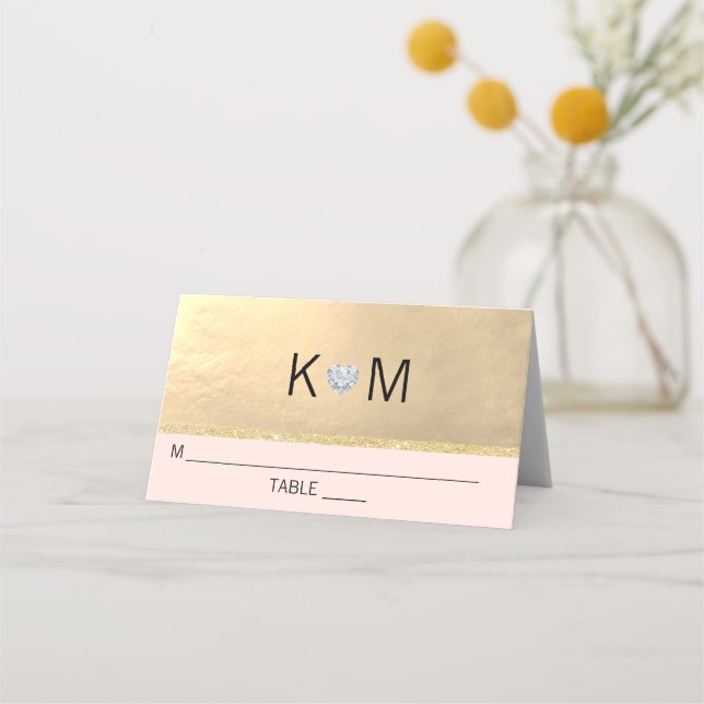 Monogram Gold Heart Diamond Blush Pink Wedding Place Card (Front)