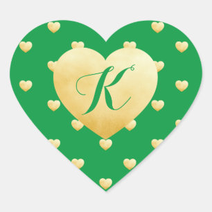 Monogram Gold Hearts Faux Foil Pattern on Green Heart Sticker