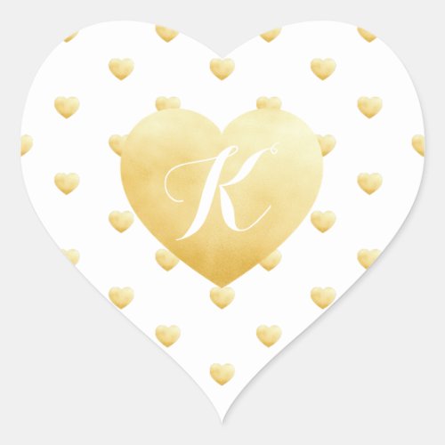 Monogram Gold Hearts Faux Foil Pattern on White Heart Sticker