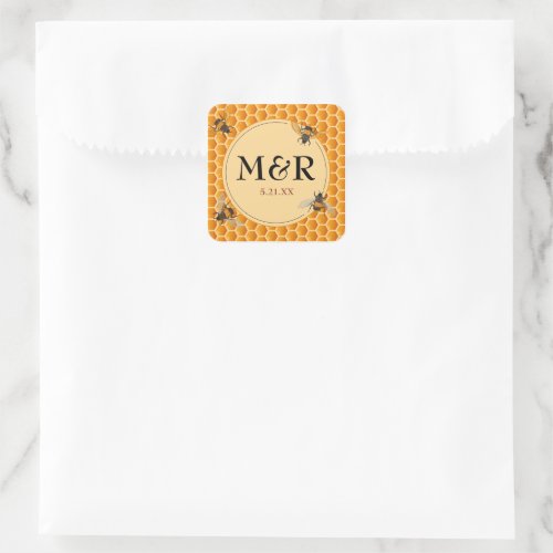 Monogram Gold Honeycomb Bees Square Sticker