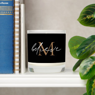Monogram Gold Initial Believe White Script Black Scented Candle