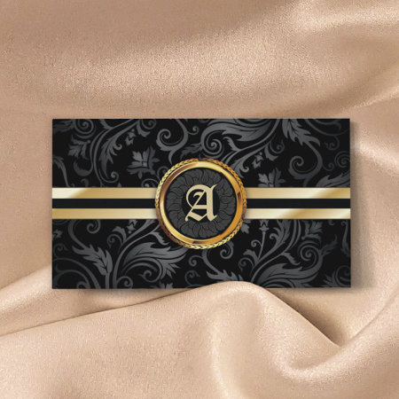 Monogram Gold Initial Classy Damask Elegant Business Card