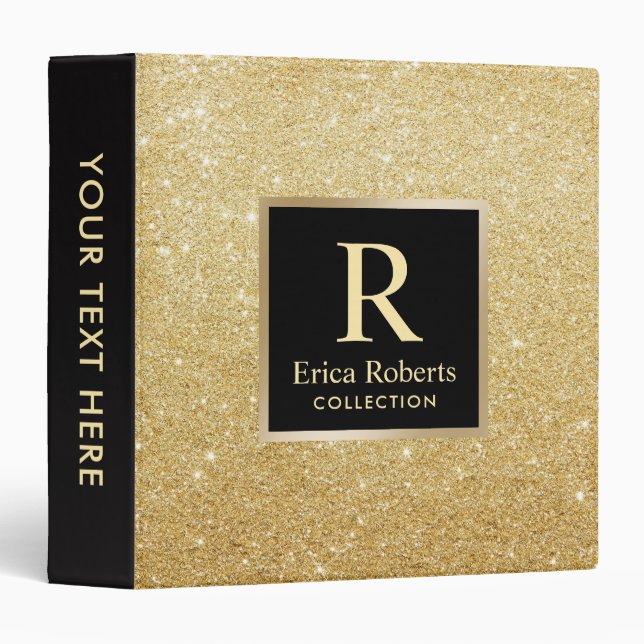 Monogram Gold Initial Modern Gold Glitter Elegant Binder (Front/Spine)