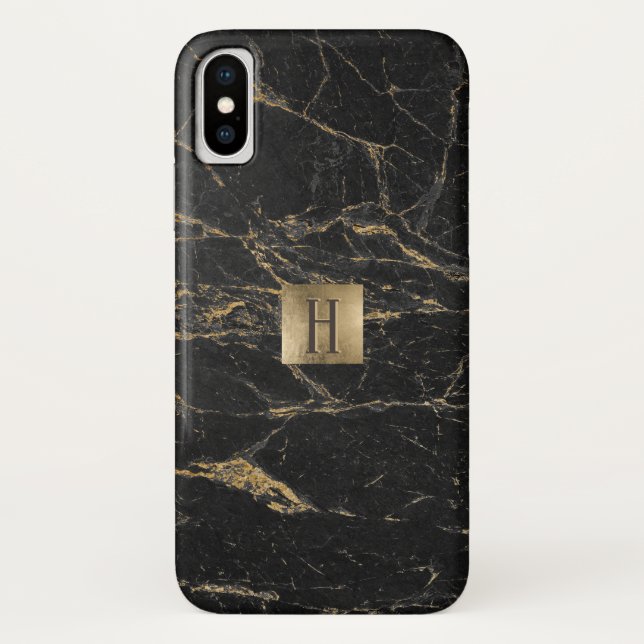 Monogram Gold Label Elegant Black & Gold Marble Case-Mate iPhone Case (Back)