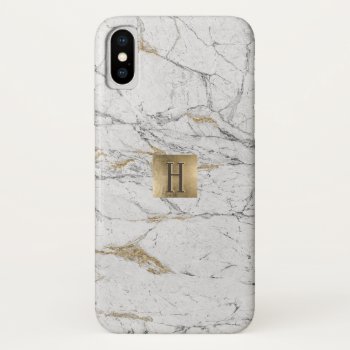 Monogram Gold Label Trendy White Gold Marble Iphone X Case by caseplus at Zazzle