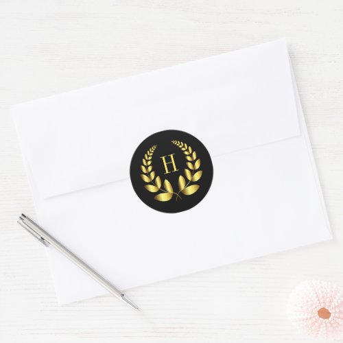 Monogram Gold Laurel Classic Round Sticker