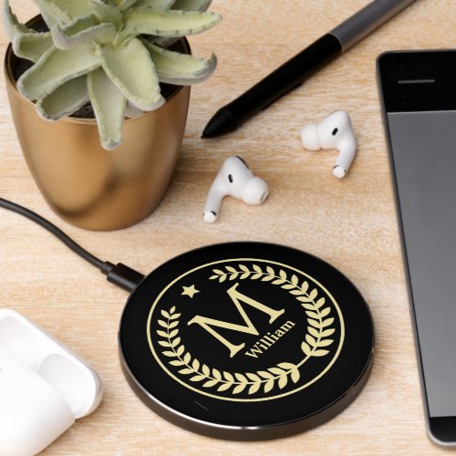 Monogram Gold Laurel Leaf Star on Black Wireless Charger