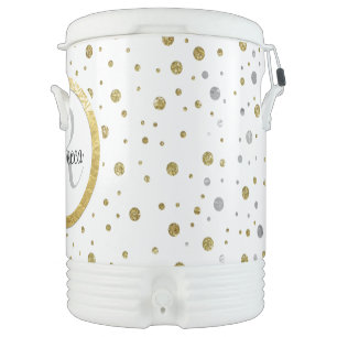 Monogram Gold Leaf Print Silver Confetti Beverage Cooler